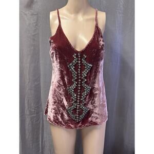 as by df Velvet Red Shiny Velvet Spaghetti Strap Jeweled Top SZ M Viscose Silk